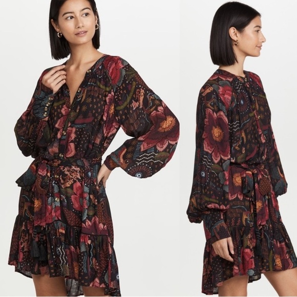 FARM RIO •BLOGGER FAVE•SOLD OUT• Black River Creatures Floral Belted Mini Dress - Picture 6 of 12